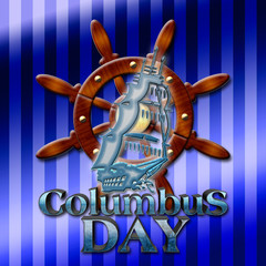 Columbus Day, 3D illustration, blue text, background in gradient vertical blue stripes.