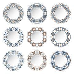 Set of decorative plates with a circular blue pattern, top view. White background. Vector illustration.