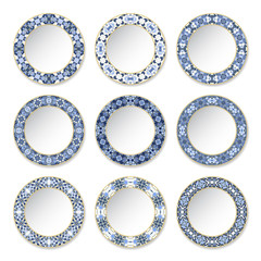 Set of decorative plates with a circular blue pattern and gold contour, top view. White background. Vector illustration.