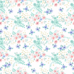 Naklejka na ściany i meble Elegant gentle trendy pattern in small-scale flower. Millefleurs. Liberty style. Floral seamless background for textile, cotton fabric, covers, manufacturing, wallpapers, print, gift wrap and scrapboo