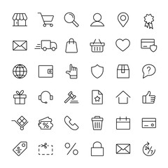 e-commerce online shopping line black 36 icons set