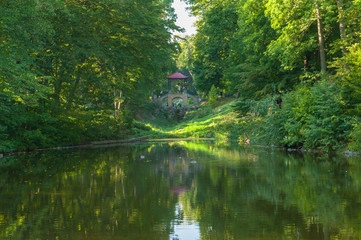 Chinese bridge from the side of the lower lake in the Park of Alexandria in Belaya Tserkov,...