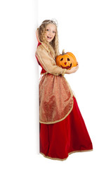 Charming Princess with Pumpkin Standing near the Big Banner