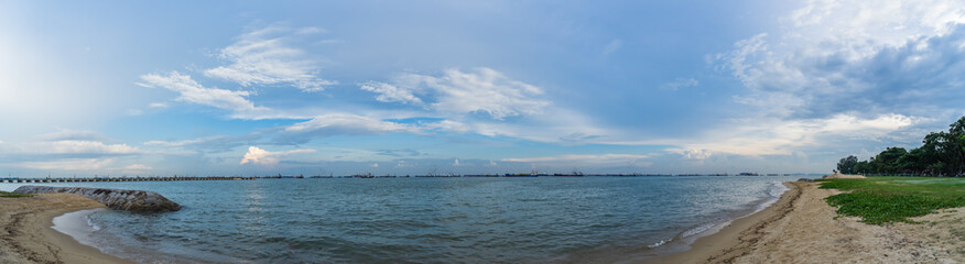 Fototapeta na wymiar Panorama View of the sea from East Coast Park, Singapore
