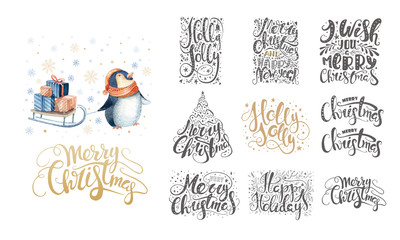 Merry christmas lettering over with snowflakes and penguins. Han