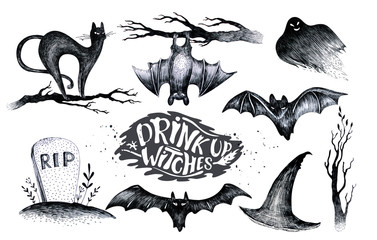 Halloween hand drawing black white graphic set icon, drawn Hallo