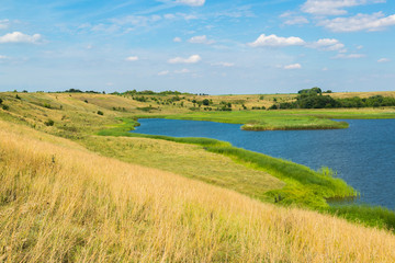 Summer landscape with lake in central Russia. Front focus
