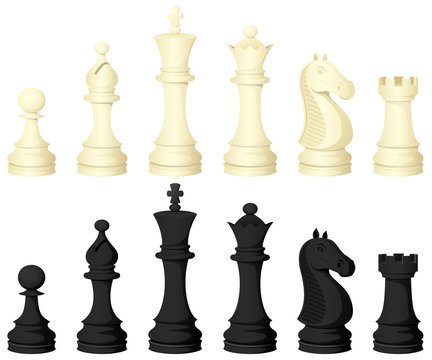 Vector illustration of chess pieces, in both white and black.