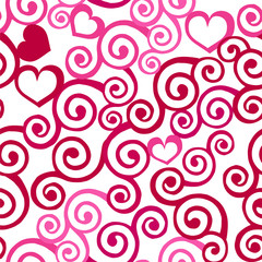 Pink seamless pattern with swirls and hearts. Decorative ornament backdrop for fabric, textile, wrapping paper