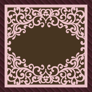 Invitation or greeting card with flower ornament. Cut laser square envelope template. Wedding invitation envelope for laser cutting. Vector illustration