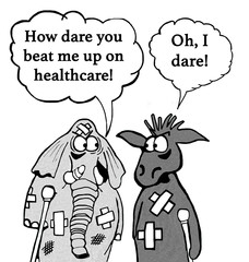 Cartoon depicting two sides of the heath care debate. 