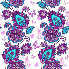 Fototapeta na wymiar Fantastic flowers Seamless pattern. Fantastic flowers with butterflies and hearts pink and blue colors. Decorative ornament backdrop for fabric, textile, wrapping paper