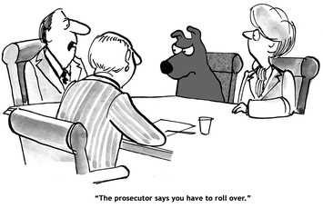 Legal cartoon about a dog who gets off if it 'rolls over'.