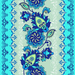 Striped pattern with fantastic flowers blue coloring. Ornamental border. Vintage flowers ornament in blue colors. Decorative ornament backdrop for fabric, textile, wrapping paper