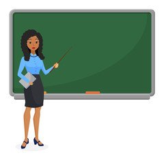 Muslim or Brazilian looking woman teacher standing in front of blackboard teaching student in classroom at school, college or university. Flat design of fashion brazil or arab female character.