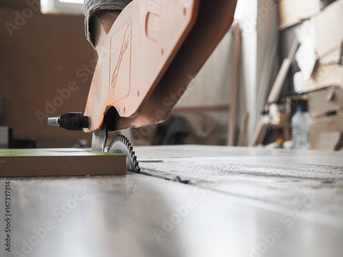 Circular Saw Cut The Parts From Chipboard On A Circular Saw At A