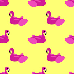 Obraz premium Pink Flamingo Float Seamless Pattern on Bright Yellow