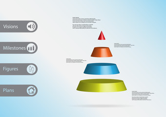 3D illustration infographic template with triangle horizontally divided to four color slices