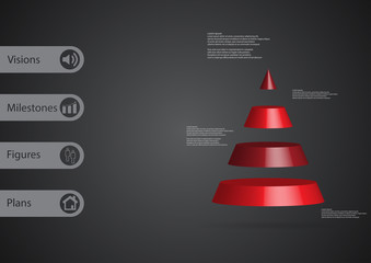 3D illustration infographic template with triangle horizontally divided to four red slices