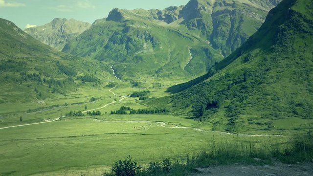 Beautiful Alpine canyon in Austria. Alpine Gastein Valley in summer. Mountains, meadows and pastures. Mountain stream and grazing cows. Excursional destination for hiking, vacation. Day v-log shot.