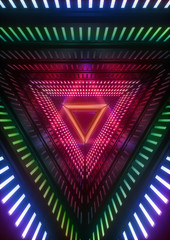 3d render, colorful neon lights, blue triangle tunnel, abstract geometric background