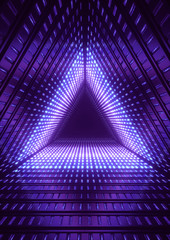 3d render, blue neon lights, blue triangle tunnel, abstract geometric background