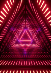 3d render, red neon lights, triangle tunnel, abstract geometric background