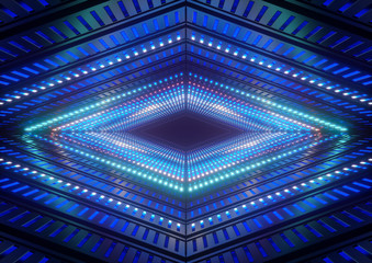 3d render, blue neon lights, bright colorful tunnel, abstract geometric background