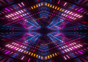 3d render, pink blue yellow neon lights, bright colorful tunnel, abstract geometric background