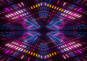 Fototapeten 3D-Rendering, rosa blaue gelbe Neonlichter, heller bunter Tunnel, abstrakter geometrischer Hintergrund © wacomka