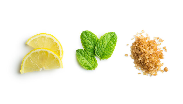 Mojito ingredients. Lemon, mint and cane sugar.