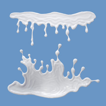 3d render, milk splash, abstract white paint liquid splashing, clip art set isolated on white background
