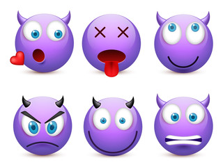 Smiley with blue eyes,emoticon set. Violet face with emotions. Facial expression. 3d realistic emoji. Sad,happy,angry faces.Funny cartoon character.Mood.Vector illustration.