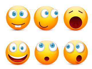Smiley with blue eyes,emoticon set. Yellow face with emotions. Facial expression. 3d realistic emoji. Sad,happy,angry faces.Funny cartoon character.Mood.Vector illustration.