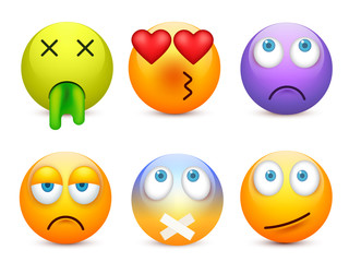 Smiley with blue eyes,emoticon set. Yellow face with emotions. Facial expression. 3d realistic emoji. Sad,happy,angry faces.Funny cartoon character.Mood.Vector illustration.
