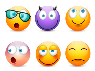 Smiley with blue eyes,emoticon set. Yellow face with emotions. Facial expression. 3d realistic emoji. Sad,happy,angry faces.Funny cartoon character.Mood.Vector illustration.