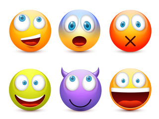 Fototapeta premium Smiley with blue eyes,emoticon set. Yellow face with emotions. Facial expression. 3d realistic emoji. Sad,happy,angry faces.Funny cartoon character.Mood.Vector illustration.