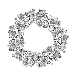 Wreath of flowers to coloring anti-stress. Vector illustration. Doodle drawing. Meditative exercise. Coloring book anti stress for adults