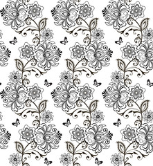 Hand drawn flowers and butterflies for the anti stress coloring page. Floral seamless monochrome pattern