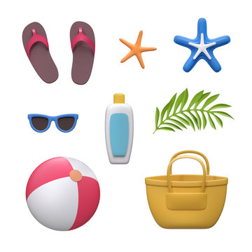 3d render, decorative paper craft,  beach picnic bag, flip flops, sunglasses, ball, palm leaf, vacation design elements, summer holiday clip art isolated on white background