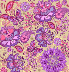 Fototapeta premium Cute seamless pattern with fantastic flowers. Vintage flowers seamless ornament in pink colors. Decorative ornament backdrop for fabric, textile, wrapping paper