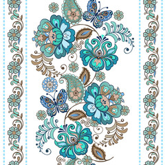 Striped pattern with flowers. Fantastic floral seamless ornament with decorative butterflies. Vintage flowers seamless ornament in blue colors. Floral wallpaper