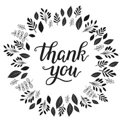 Thank you hand lettered text in calligraphic style. Botanical frame.Vector.