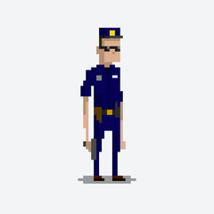 Pixel character of a policeman in the uniform for games and applications