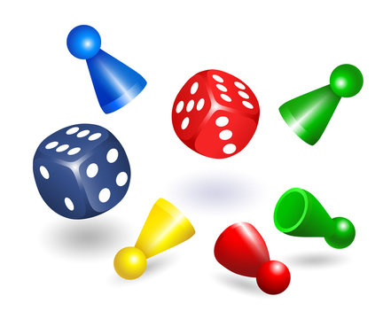 Spielw&uuml;rfel, in rot und blau, Spielfiguren, Spielsteine, Halmakegel, Halmafigur, farbige P&ouml;ppel Figuren aus Kunststoff f&uuml;r Gesellschaftsspiele, 
Vektor illustration isoliert auf wei&szlig;em Hintergrund
