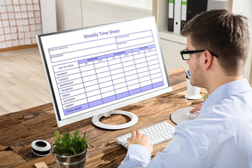 Businessman Looking At Weekly Time Sheet On Computer