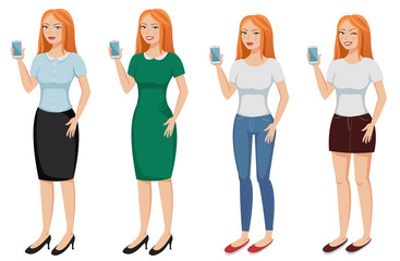 Fototapeta premium Pretty redhead young woman with smart phone in her hand in different clothes and emotions: serious, smiling, winking.