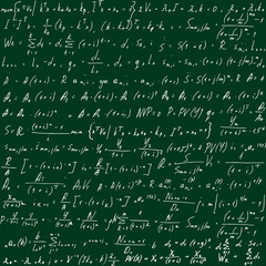 Green school board with formulas drawn by hand. Scientific equations. Vector illustration.
