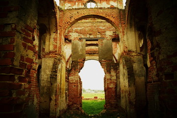 The destroyed church, the village of Lenino, the district of Dobrush, the Gomel region, the Republic of Belarus