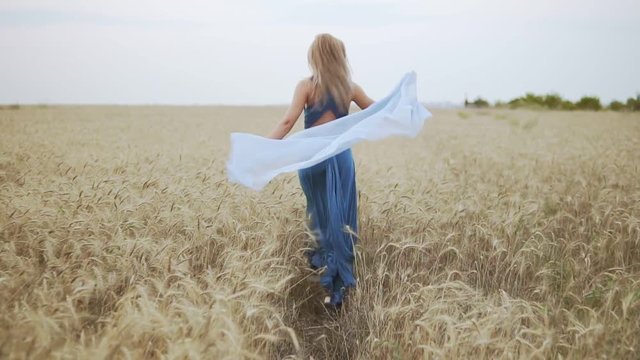Back view of attractive young woman in a long blue dress running through golden wheat field holding a shawl in her hands. The shawl is waving in the wind. Freedom concept. Slowmotion shot